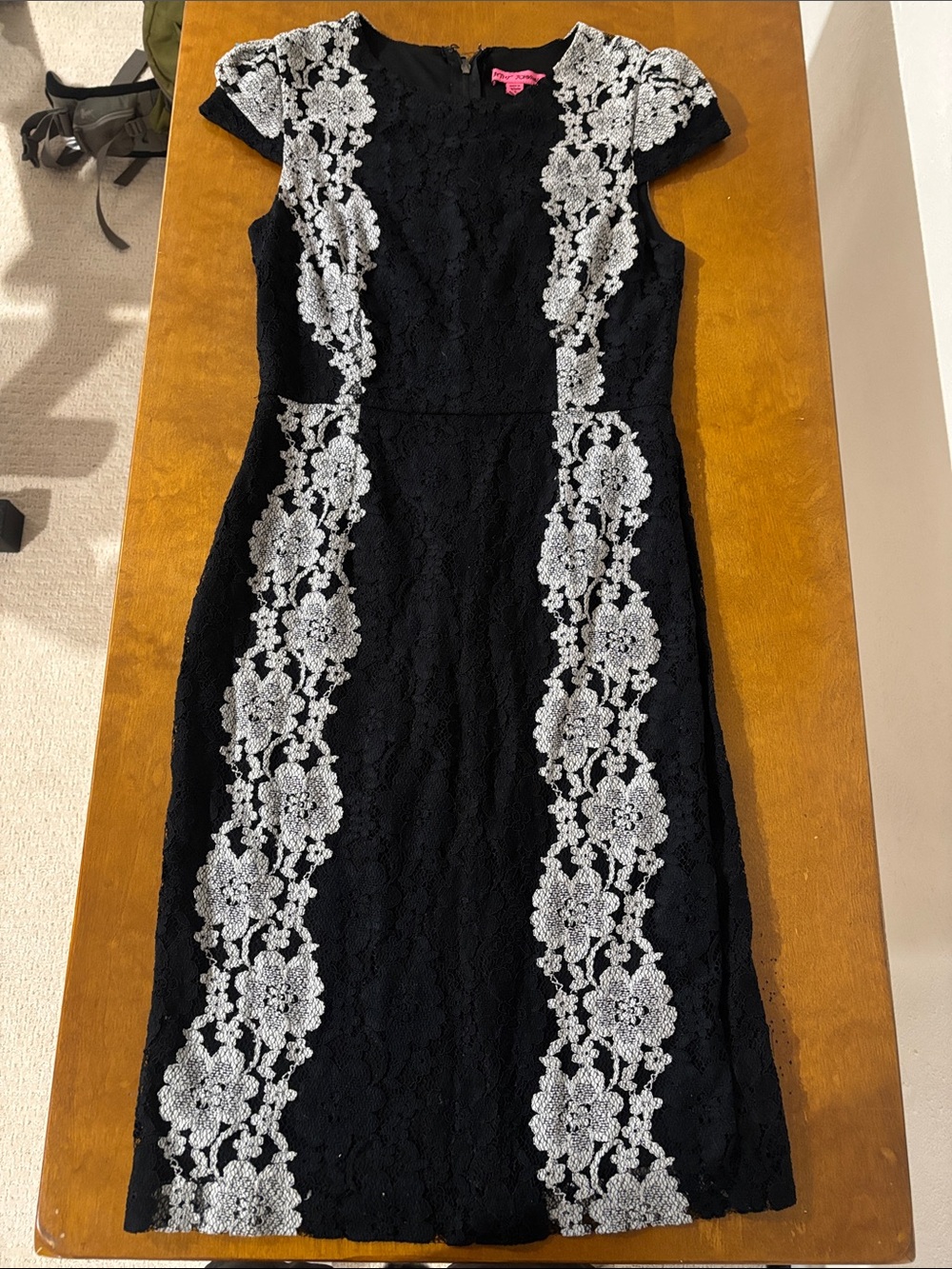 Betsey Johnson Black Midi Dress with White Floral Lace Panels
